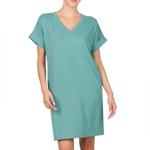 Dusty Teal V-Neck Cuffed T-Shirt Dress